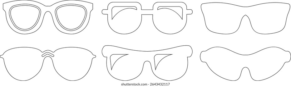 Óculos de sol ícone vetorial definido para moda acessório design de verão óculos estilo e proteção solar Homens e mulheres óculos. quadro hipster, moda aros de plástico preto. Óptica na moda, gráfico de sombra moderno