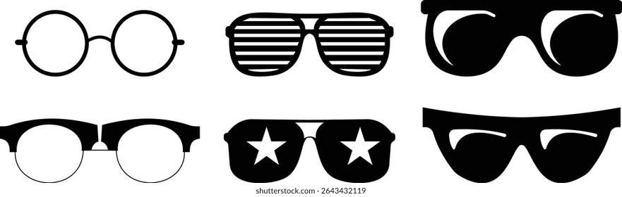 Óculos de sol ícone vetorial definido para moda acessório design de verão óculos estilo e proteção solar Homens e mulheres óculos. quadro hipster, moda aros de plástico preto. Óptica na moda, gráfico de sombra moderno