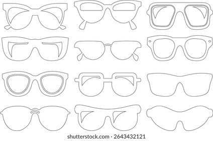 Óculos de sol ícone vetorial definido para moda acessório design de verão óculos estilo e proteção solar Homens e mulheres óculos. quadro hipster, moda aros de plástico preto. Óptica na moda, gráfico de sombra moderno