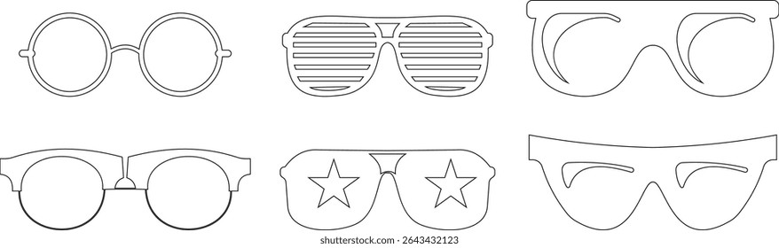 Óculos de sol ícone vetorial definido para moda acessório design de verão óculos estilo e proteção solar Homens e mulheres óculos. quadro hipster, moda aros de plástico preto. Óptica na moda, gráfico de sombra moderno