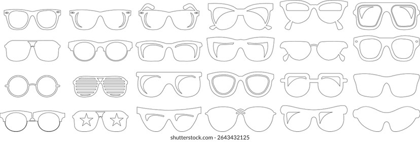 Óculos de sol ícone vetorial definido para moda acessório design de verão óculos estilo e proteção solar Homens e mulheres óculos. quadro hipster, moda aros de plástico preto. Óptica na moda, gráfico de sombra moderno