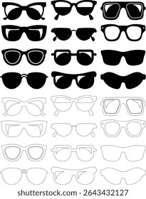 Óculos de sol ícone vetorial definido para moda acessório design de verão óculos estilo e proteção solar Homens e mulheres óculos. quadro hipster, moda aros de plástico preto. Óptica na moda, gráfico de sombra moderno