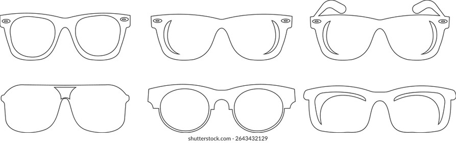 Sunglasses vector icon set for fashion accessory design summer eyewear style and sun protection Men and women glasses. hipster frame, fashion black plastic rims. Trendy Optics, modern shade graphic