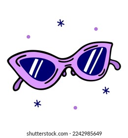 Sunglasses vector icon. Stylish purple glasses with an oval frame. Hand drawn simple doodle isolated on white. Groovy fashion accessory. Flat cartoon clipart, 70s, 80s style. For logo, web, apps