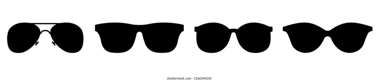 Sunglasses vector icons set. Black silhouette. Protection with sunlight. Eyewear icons. Symbol summer.