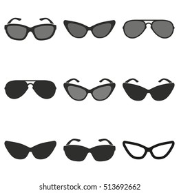 Sunglasses vector icons set. Black illustration isolated on white background for graphic and web design.