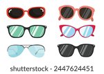 Sunglasses vector illustration in different designs. Summer element. Eyewear fashion. Cartoon flat vector isolated.
