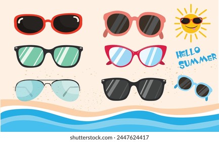 Sunglasses vector illustration in different designs. Summer element. Eyewear fashion. Cartoon flat vector isolated.