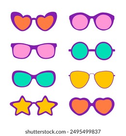 Sunglasses vector illustration in different designs. Summer element. Eyewear fashion. Cartoon flat vector isolated.