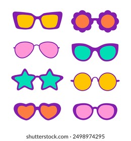 Sunglasses vector illustration in different designs. Summer element. Eyewear fashion. Cartoon flat vector isolated.