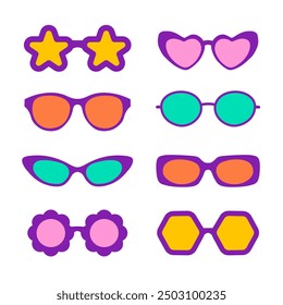 Sunglasses vector illustration in different designs. Summer element. Eyewear fashion. Cartoon flat vector isolated.