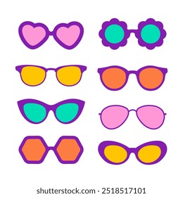 Sunglasses vector illustration in different designs. Summer element. Eyewear fashion. Cartoon flat vector isolated.