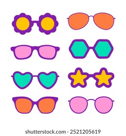 Sunglasses vector illustration in different designs. Summer element. Eyewear fashion. Cartoon flat vector isolated.