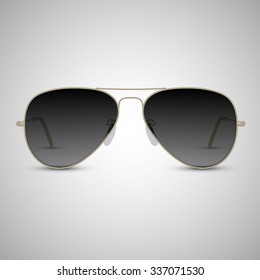 Sunglasses vector illustration. Golden rim and black glass.