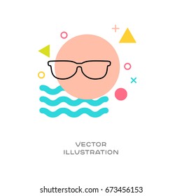 Sunglasses vector line logo icon with colorful design elements memphis styled in background