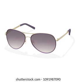 Sunglasses, vector realistic illustration. Colorful stylish fashion spectacles with purple sunscreen lenses and iron golden rim glasses, elegant trendy accessory, isolated on white background