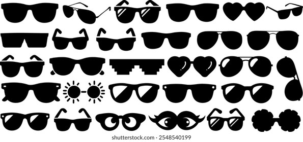 Sunglasses vector set featuring trendy sunglass silhouette, including aviator, heart shape, wayfarer, pixelated, and retro eyewear. Perfect spectacle set for design, fashion, and summer projects