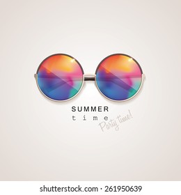 sunglasses with vivid multicolored abstract gradient mesh glass mirrors isolated on light background with summer time, party time lettering typography