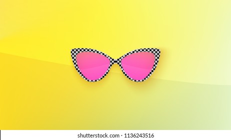 Sunglasses wallpaper. Trendy colors. Fashion background. Summer. Holographic. Rim. Eyeglasses. Party. Poster backdrop. Sunglasses. Tropical. Cat eye rim style. Vintage. Yellow. Pink. Retro sunglasses.