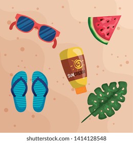 sunglasses with watermelon fruit and suncream with flip-flop