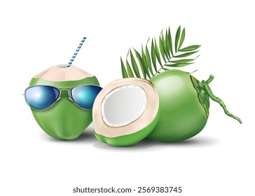 sunglasses wearing green coconut cocktail. green coconuts and coconut leaves isolated on the white background vector illustration.	