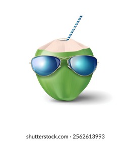 sunglasses wearing green coconut isolated on the white background. summer coconut cocktail and summer advertising banner design clip art vector illustration.