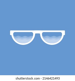 sunglasses with white frame; sea waves reflected in lens; concept of summer vacation; created in flat vector on a light blue background