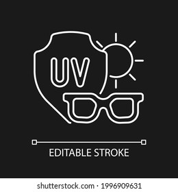Sunglasses white linear icon for dark theme. Glasses for eye protection from UV rays. Thin line customizable illustration. Isolated vector contour symbol for night mode. Editable stroke