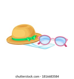 Sunglasses and Wide Brimmed Female Hat as Summer Accessories Vector Illustration