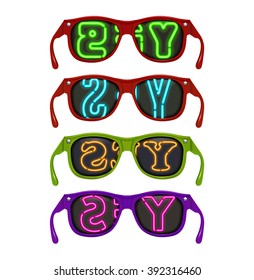 Sunglasses with the word YES reflected in them in neon
