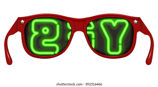 Sunglasses with the word YES reflected in them in neon
