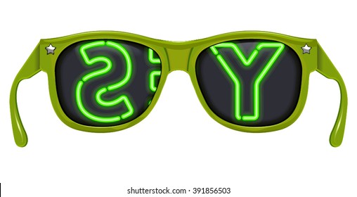 Sunglasses with the word YES reflected upon them in neon