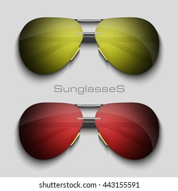 Sunglasses yellow and red. Two spectacles. Realistic eyeglasses vector illustration

