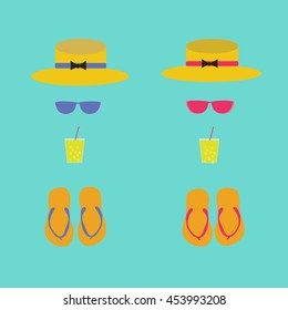 Sunglasses,hat,lemonade,beach, slippers.