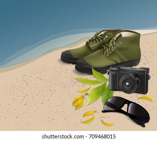 Sunglasses,shoe,camera with flower and leaf on the beach,concept for traveling,vector illustration