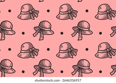 sunhat with dot doodle seamless pattern on pink background. engraving summer headwear motif wallpaper. cute feminine hat accessory pattern background for fashion kids product and merchandise