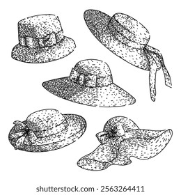 sunhat set hand drawn. shade beach, uv brim, headwear accessory sunhat vector sketch. isolated black illustration