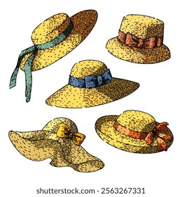 sunhat set hand drawn. shade beach, uv brim, headwear accessory sunhat vector sketch. isolated color illustration