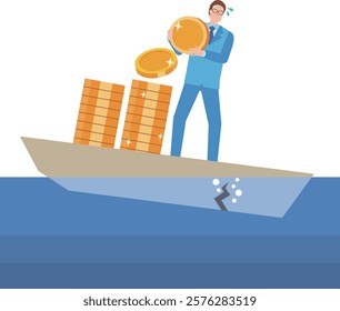 Sunk cost effect and illustration of a man about to sink