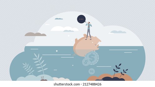 Sunk cost fallacy as invested business resource evaluation tiny person concept. Accounting analysis for financial sinking company and bankruptcy problems vector illustration. Budget expenses failure.