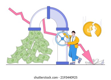 Sunk cost investment problem, financial crisis, budget expenses failure, falling income, economics bankruptcy, poor management concepts. Businessman investor opening money pipes with graph arrow down.