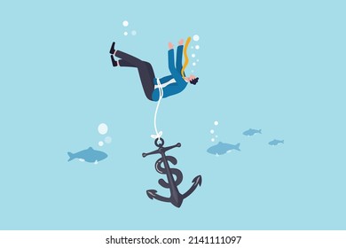 Sunk cost investment problem, cost that already been incurred and effect investing decision, psychology or money loss aversion concept, businessman investor drowning with sinking dollar money anchor.