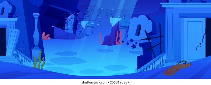 Sunken ancient city with sunlight vector flat illustration. Cartoon underwater sea or ocean landscape with stone ruins, antique columns and vase. Entrance to the ruined buildings, castle or palace