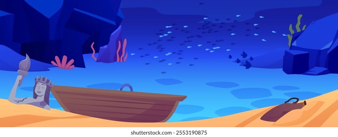 Sunken ancient city under water in sea or ocean. Antique stone ruins, vase, statue of lost city Atlantis vector flat illustration. Underwater bottom landscape with wreck boat and fishes, sand and rock