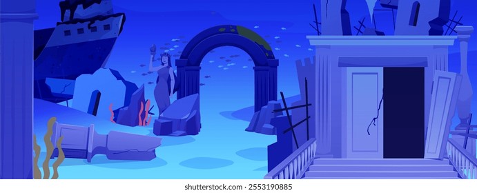 Sunken ancient city. Vector cartoon illustration of underwater sea or ocean landscape with stone ruins, wreck ship, antique statues and arch. Entrance to the ruined building, castle or palace