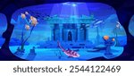 Sunken ancient temple ruins with classical columns illuminated by sunbeams through deep water. Tropical fish swimming around archaeological stone site structures. Mysterious underwater cave scene.