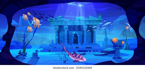 Sunken ancient temple ruins with classical columns illuminated by sunbeams through deep water. Tropical fish swimming around archaeological stone site structures. Mysterious underwater cave scene.