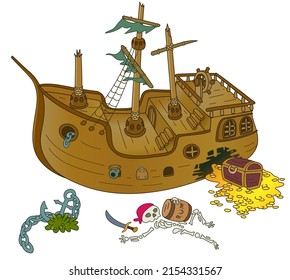 sunken cartoon shipwrecked galleon and hole from which gold coins   chest fell out  Nearby lies the skeleton pirate 