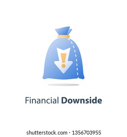 Sunken cost concept, money loss, debt increase, lack of finance, stock market fall, investment hedge fund, wealth devaluation, income decrease, high risk, vector icon