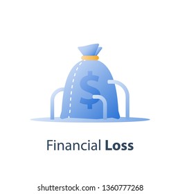 Sunken cost concept, money loss, debt increase, lack of finance, financial waste, investment hedge fund, wealth devaluation, income decrease, high risk, vector icon